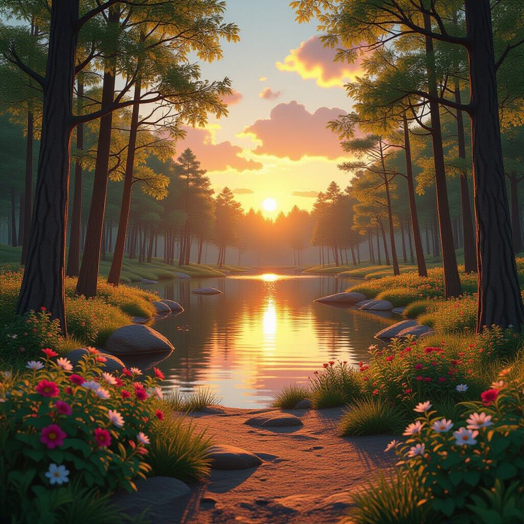 Serene Forest Sunset Path to Pond with Flowers