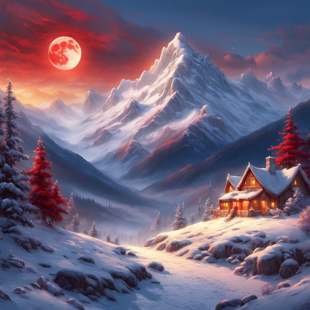 Red Moon Over Snowy Mountain in Ethereal Style