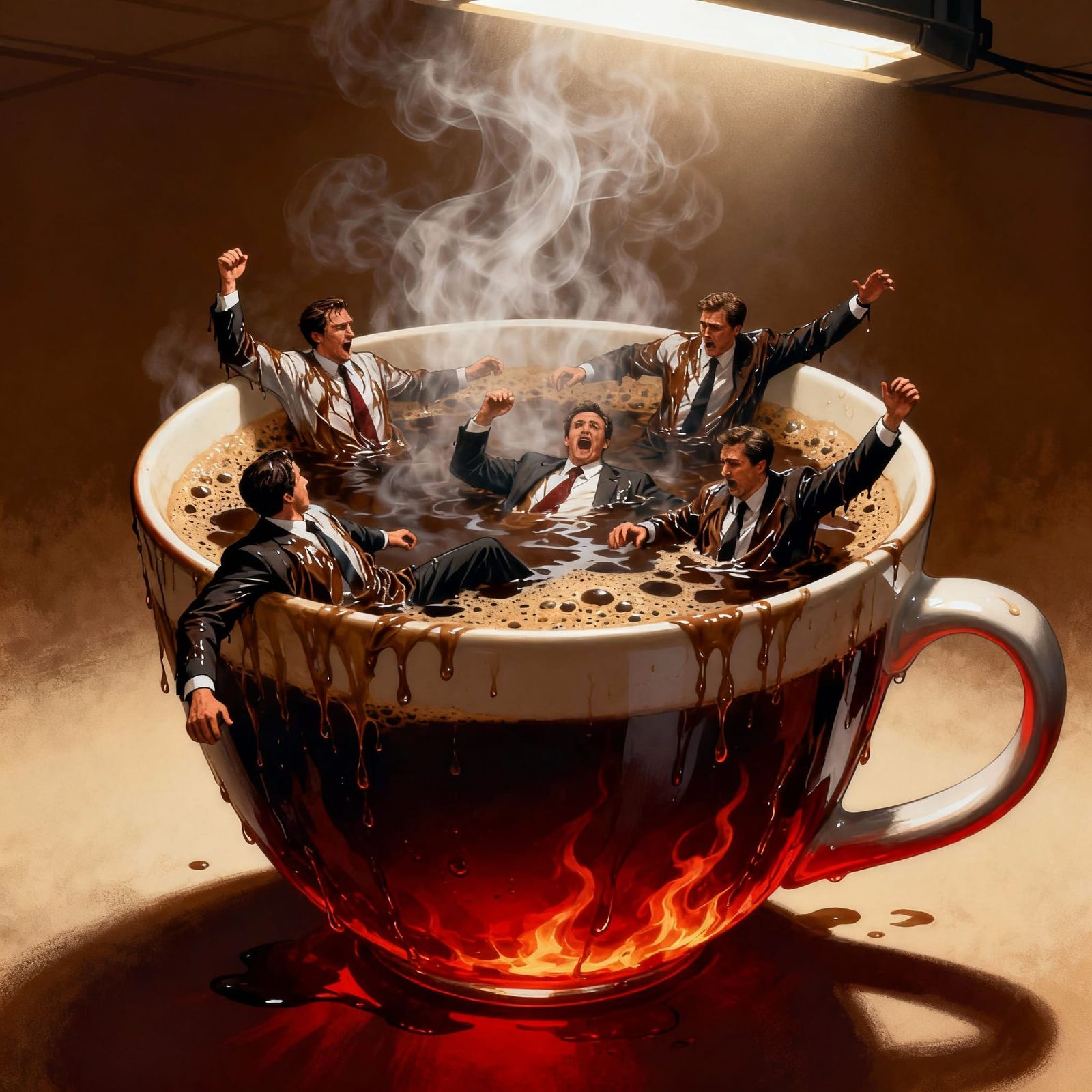 Office Workers Drowning in Giant Mug of Hot Coffee