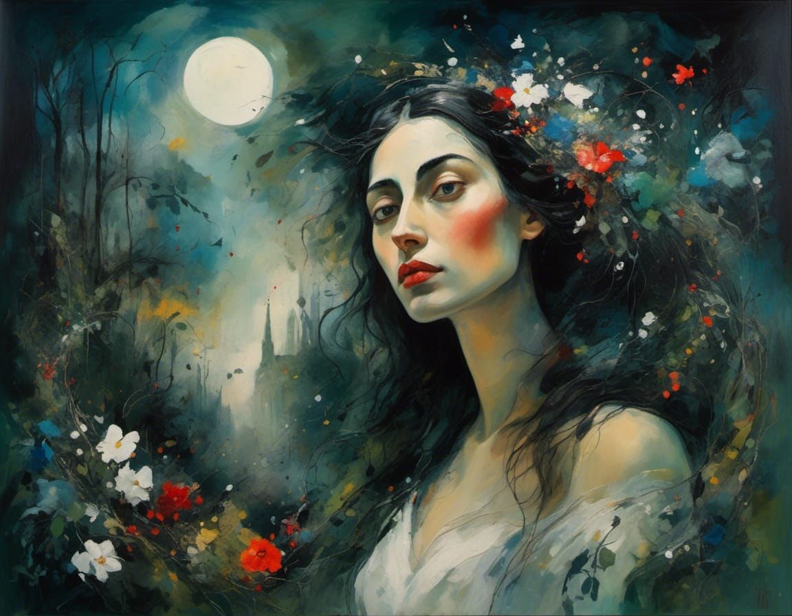 Dreamy Nightscape Portrait in Watercolor Style