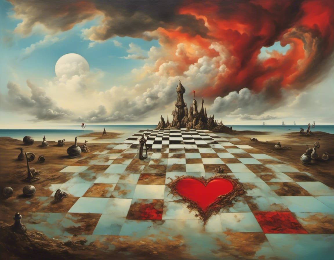 Surreal Seascape with Hearts, Mask and Chess