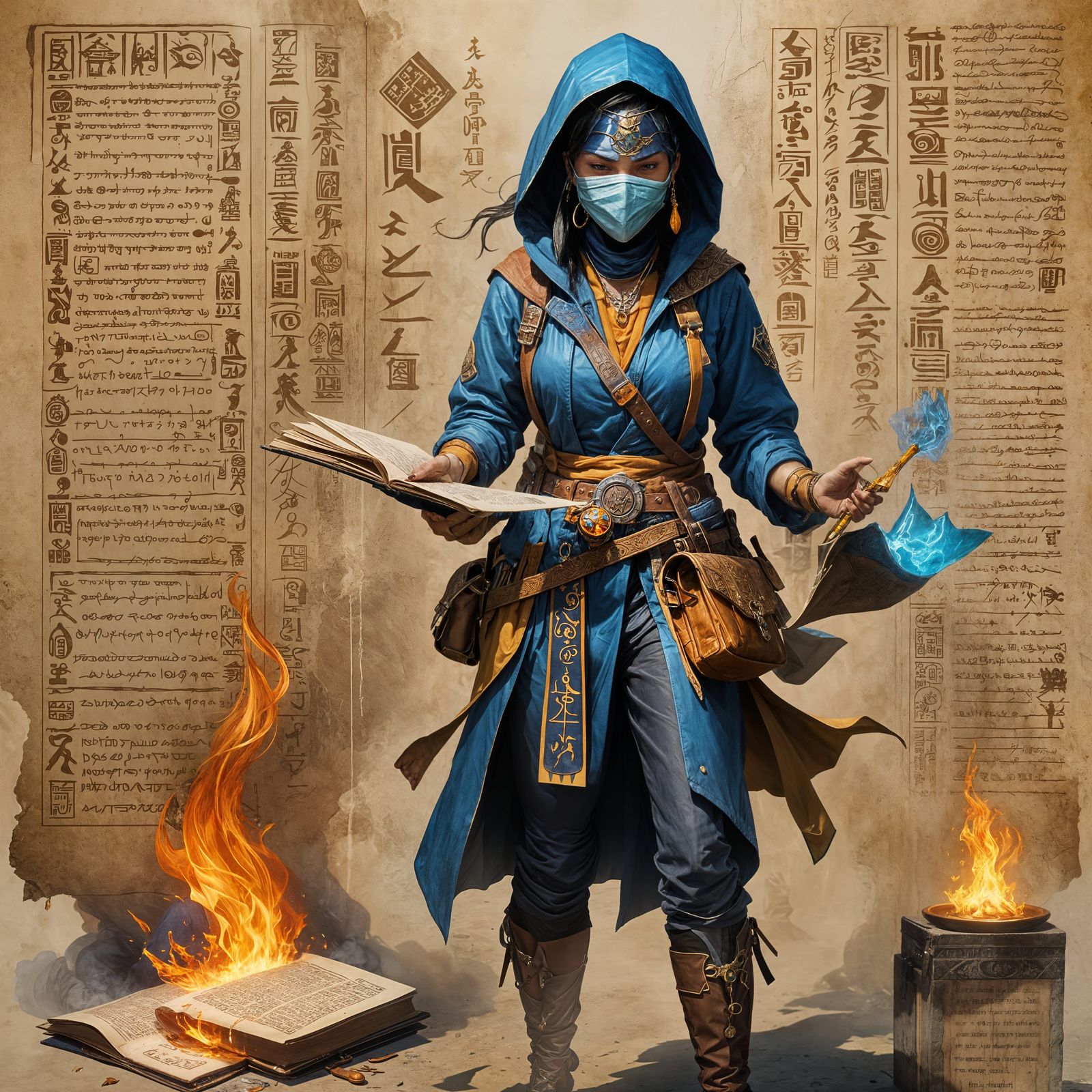 Sorceress Inspects Burning Book Scroll: Fantasy Concept Art