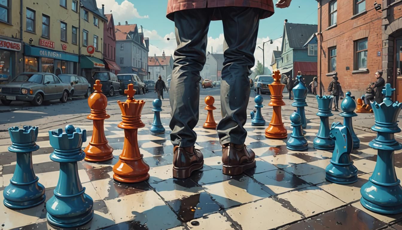 chess pieces with human legs playing a game, surreal, whimsi...