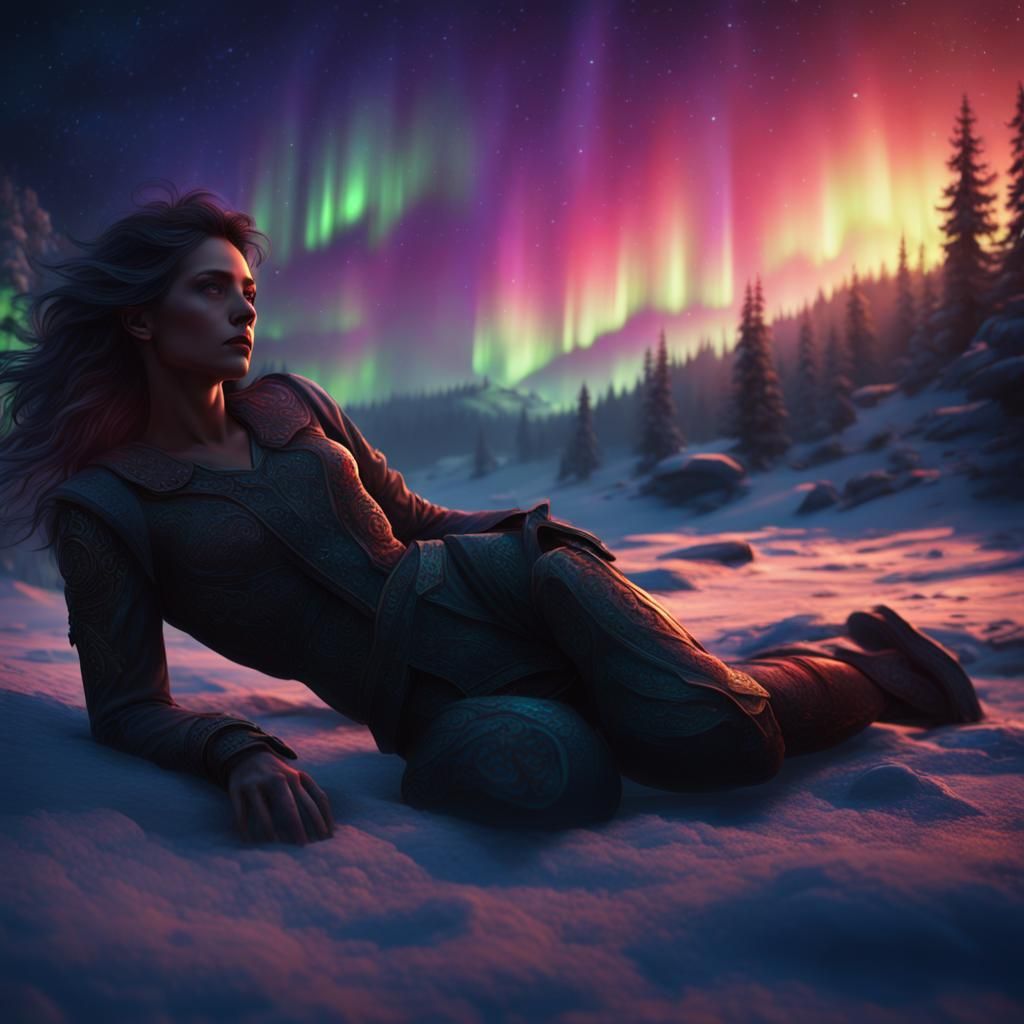 Woman's Silhouette with Northern Lights in Digital Art