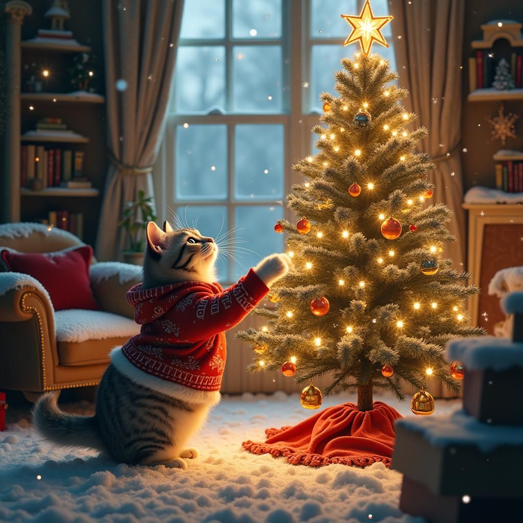 Cat Mischief: Christmas Tree Tumble in Winter