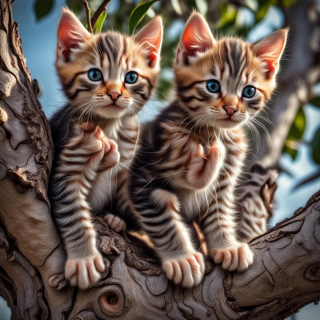 Hyperrealistic Kittens on a Tree Branch