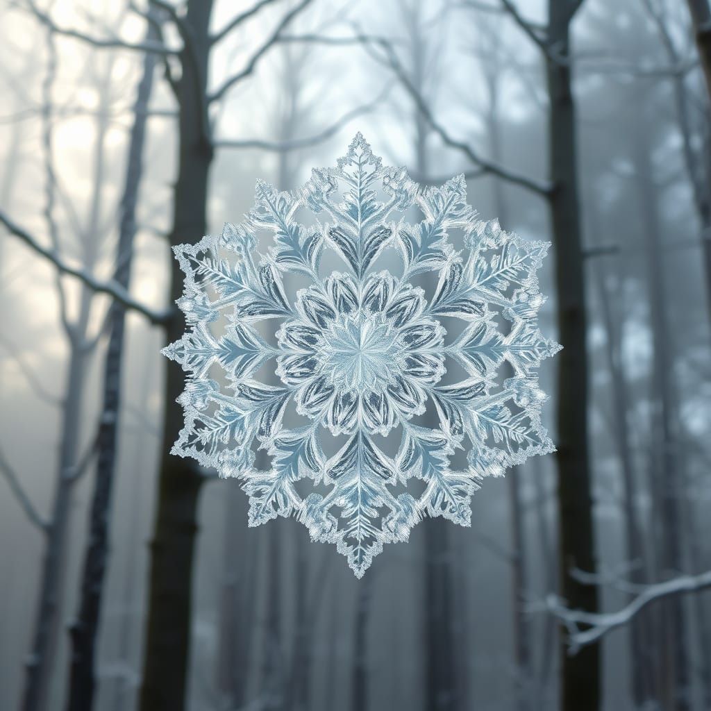 Ethereal Fractal Snowflake in Dreamy Forest Landscape