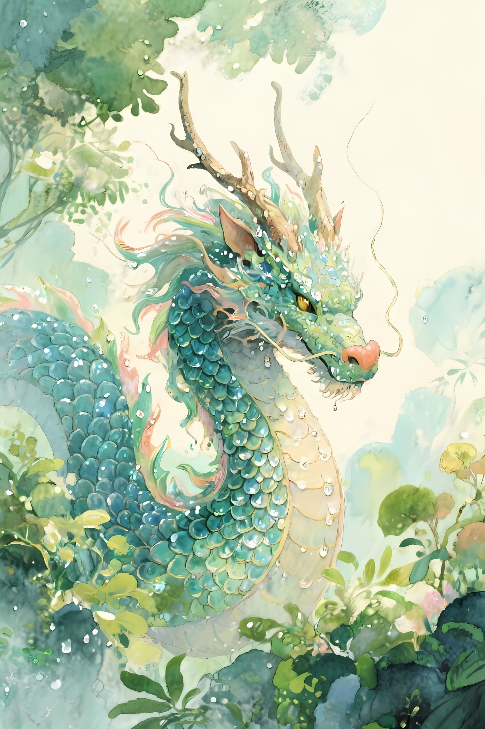 Majestic Ivory Dragon in Watercolor Style