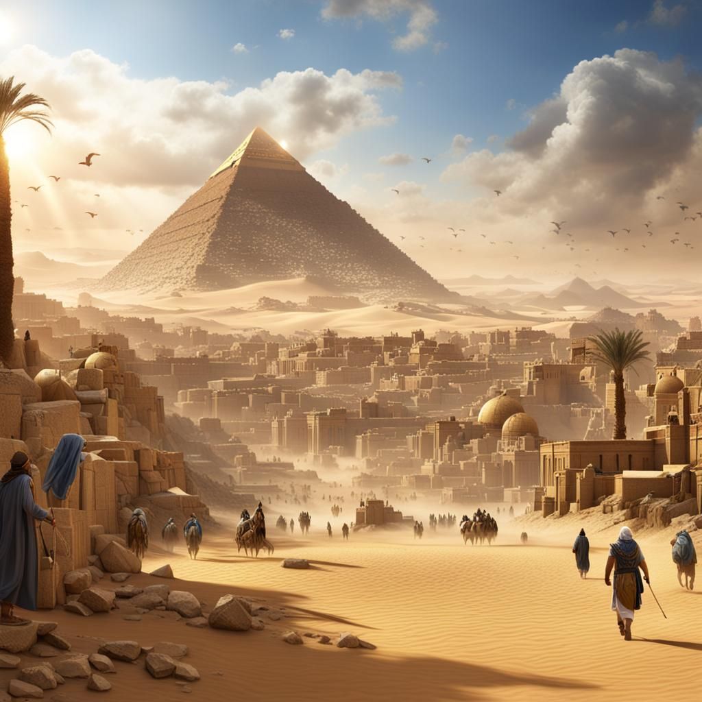 Israelites Leaving Egypt with Pyramids: Fantasy Concept Art