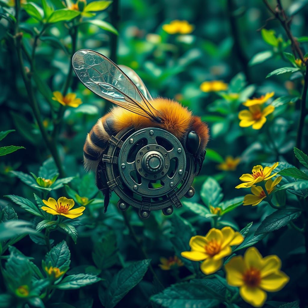Honeybee in Industrial Paradise with Intricate Metal Gear