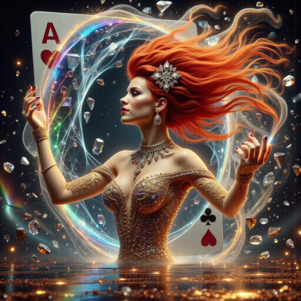 Red-Haired Cabaret Dancer Emerges from Holographic Card