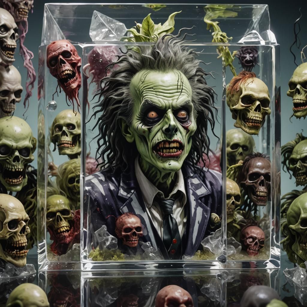 Hyperrealistic Zombie Beetlejuice in Crystal Cube