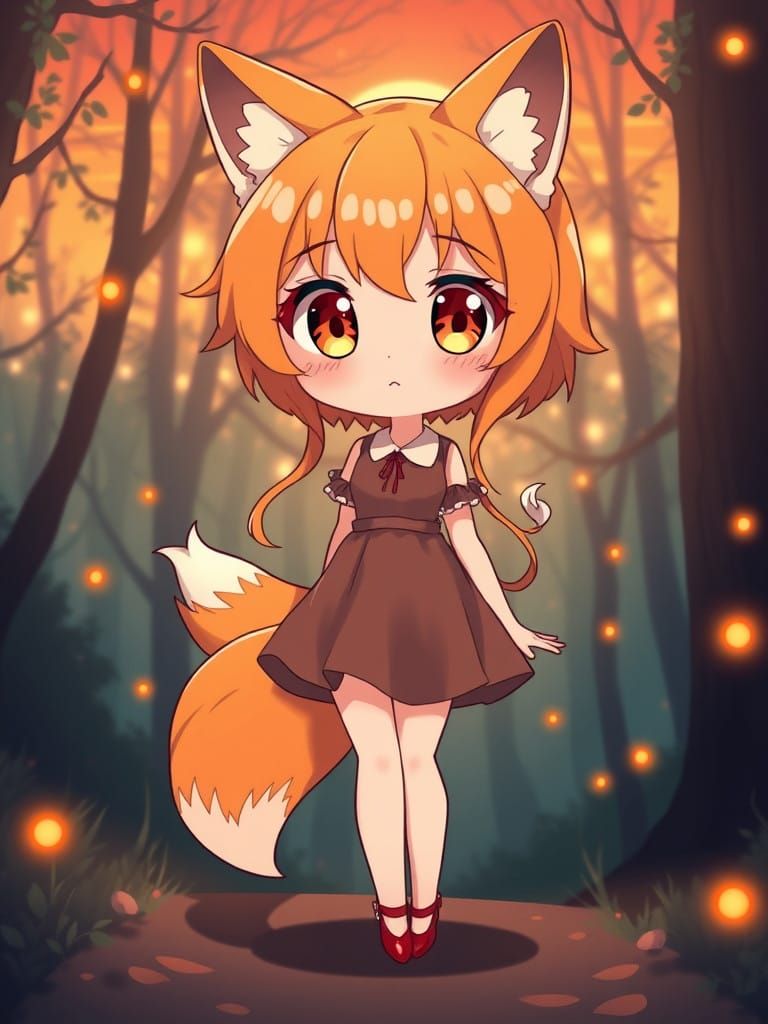Surreal Anime Chibi Girl in Sunset Forest