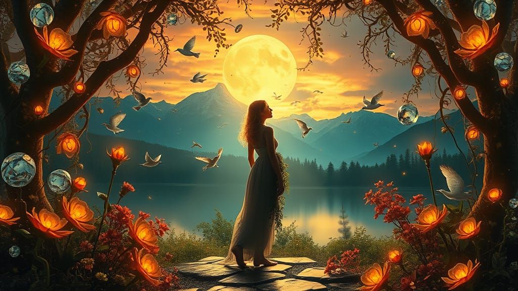 Mystical Woman in Labyrinth of Light on Rainy Autumn Day