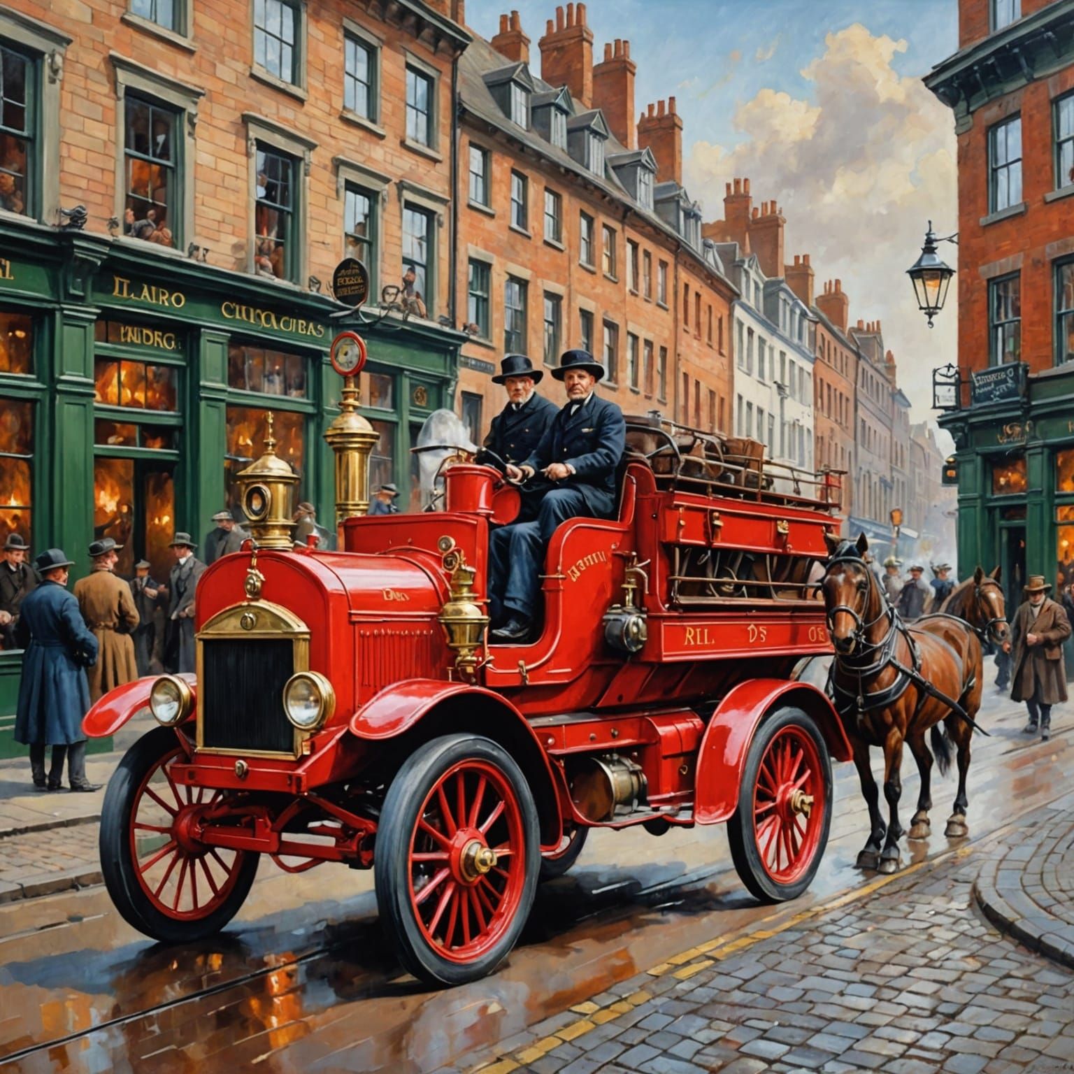 Vintage Fire Engine in Busy Street, Oil Painting