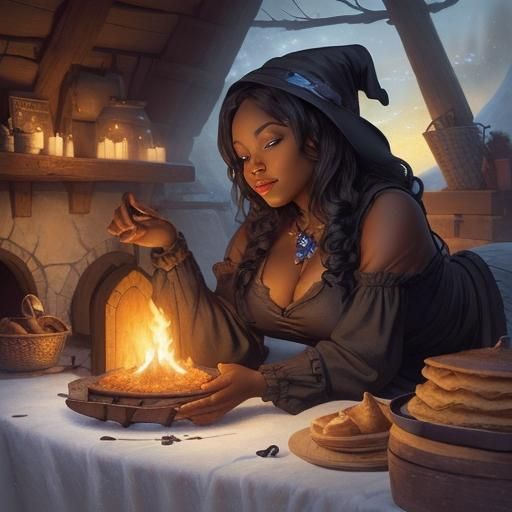 Cozy Witch Baking Pie in Ethereal Hut