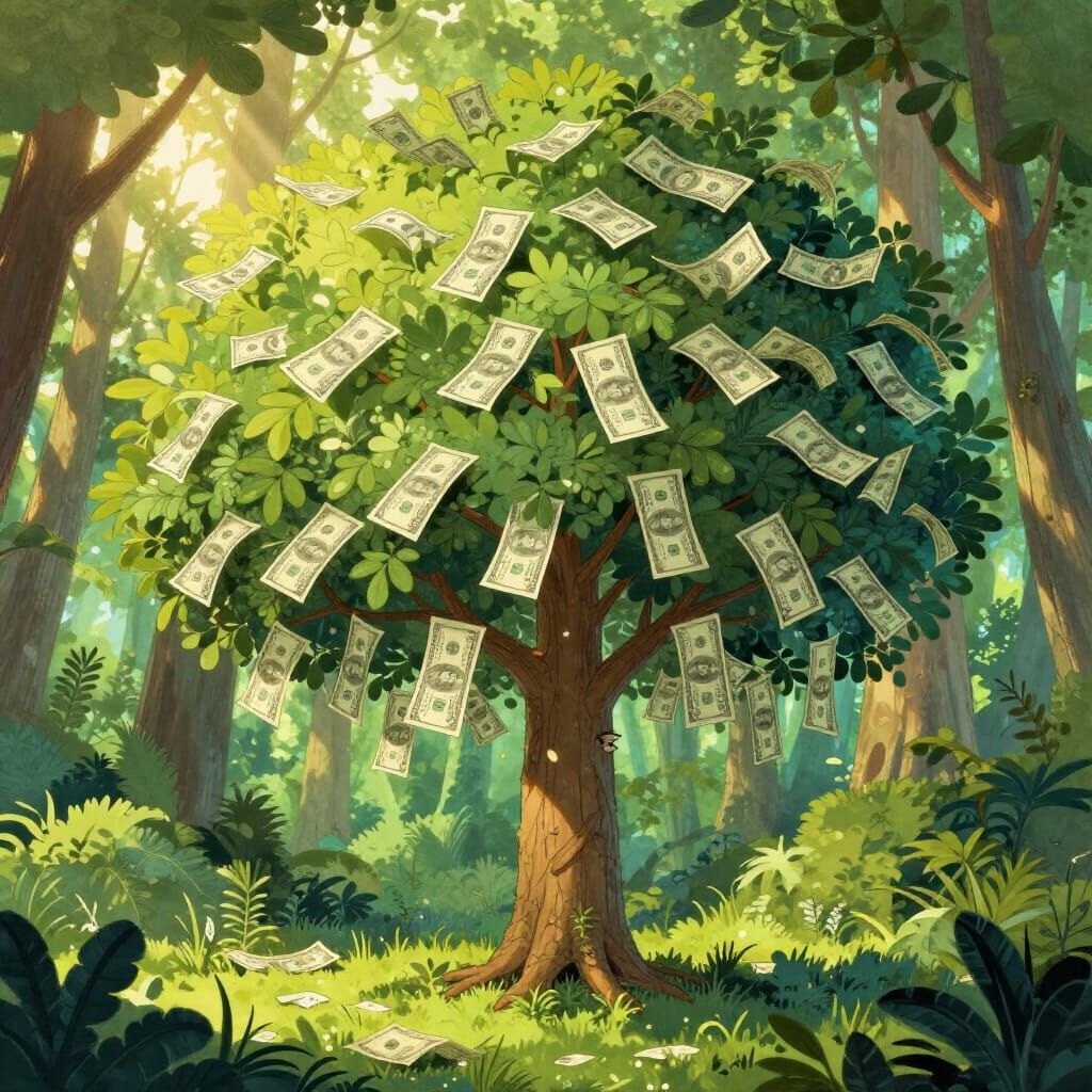 Money Tree Laden With Cash in Whimsical Forest