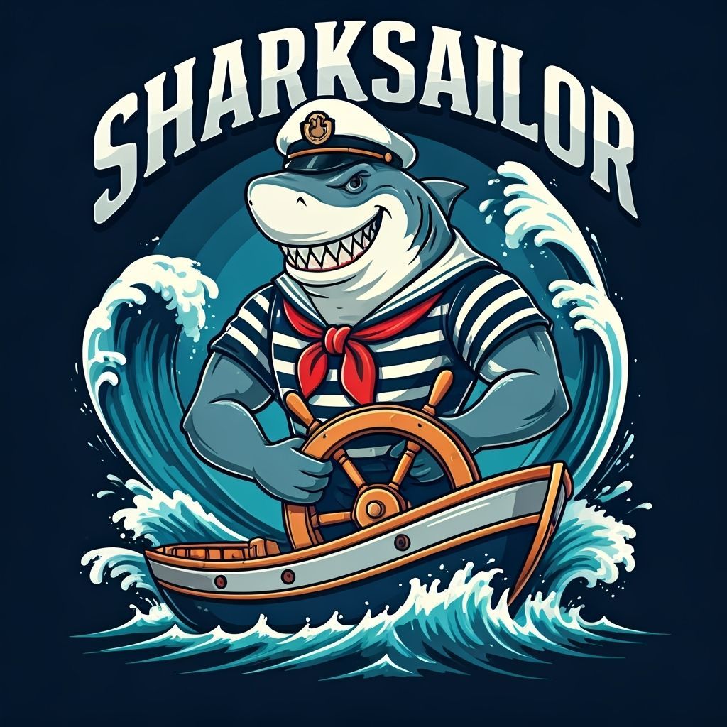 SharkSailor Cartoon: Muscular Shark Captains Sleek Sailboat