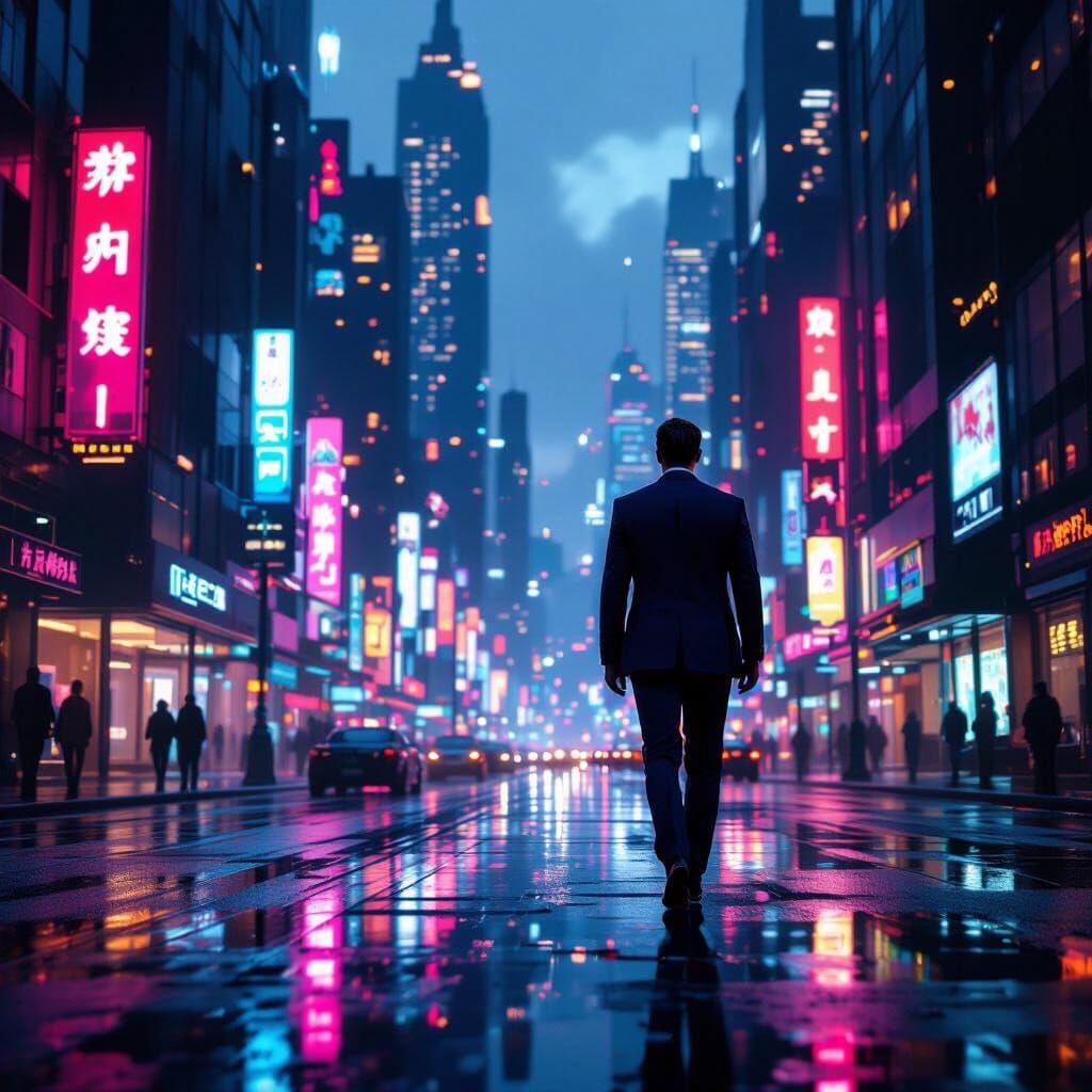 Distinguished Man in Futuristic City at Dusk