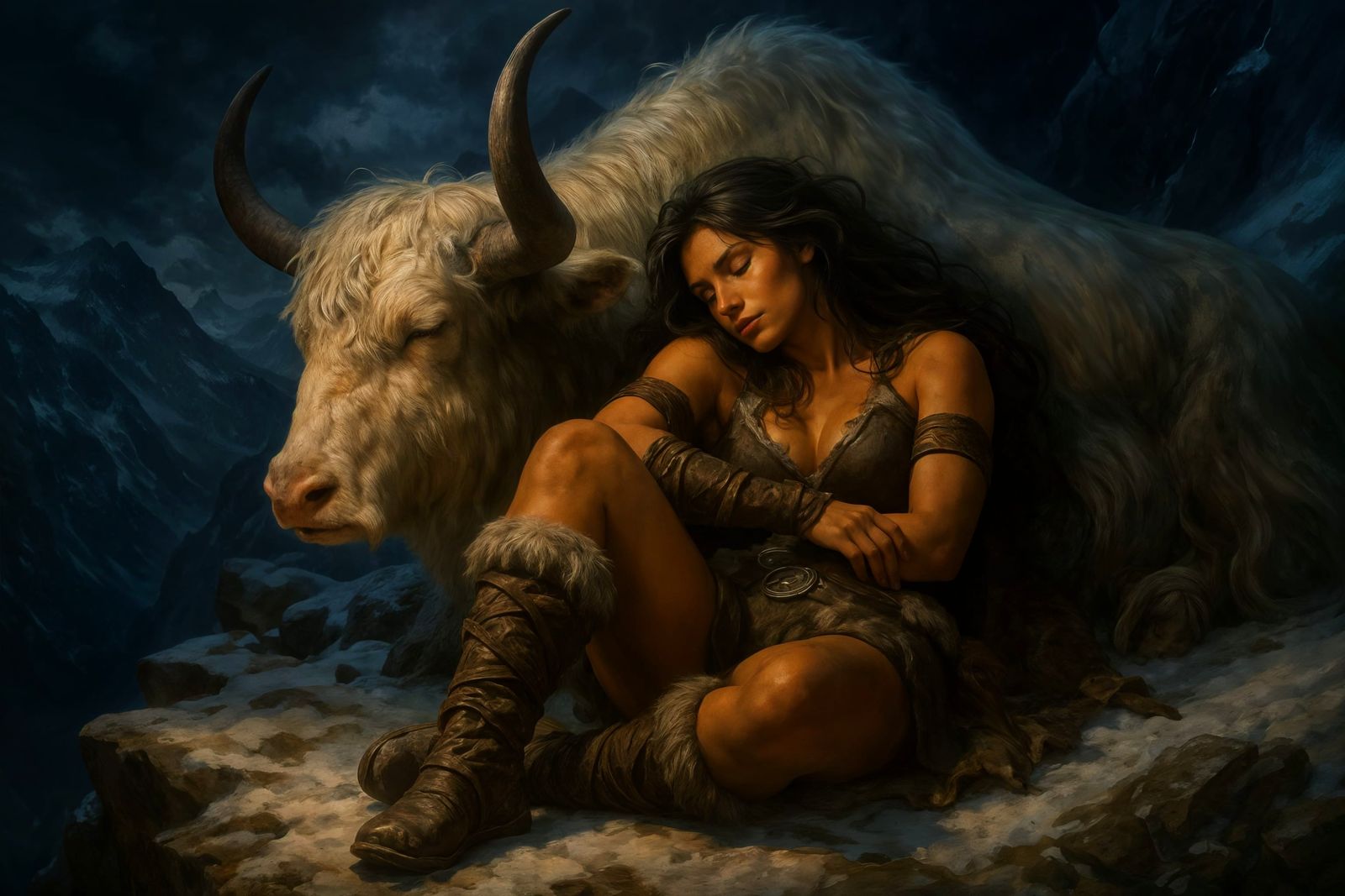 Barbarian Warrioress and Yak Enjoying Mountain Peace