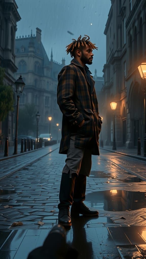 Cinematic Portrait of Man on Wet City Street
