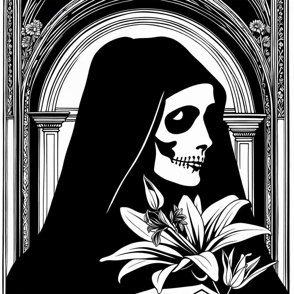 Skeleton Nun with Lily in Renaissance Ink Print Style