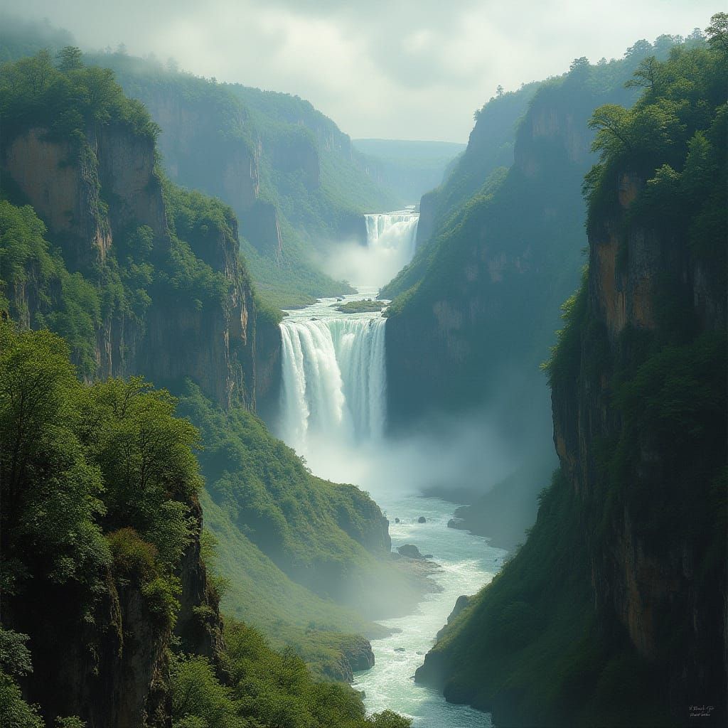 Lush Waterfall Landscape in Luminist Style