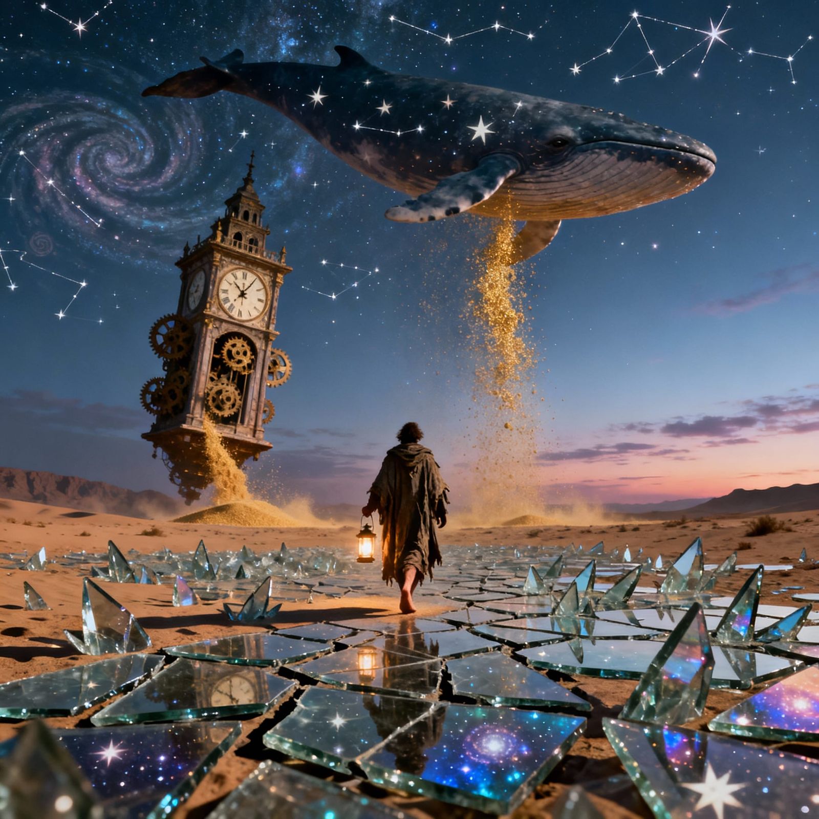 Surreal Desert Clocktower Under Twilight Sky