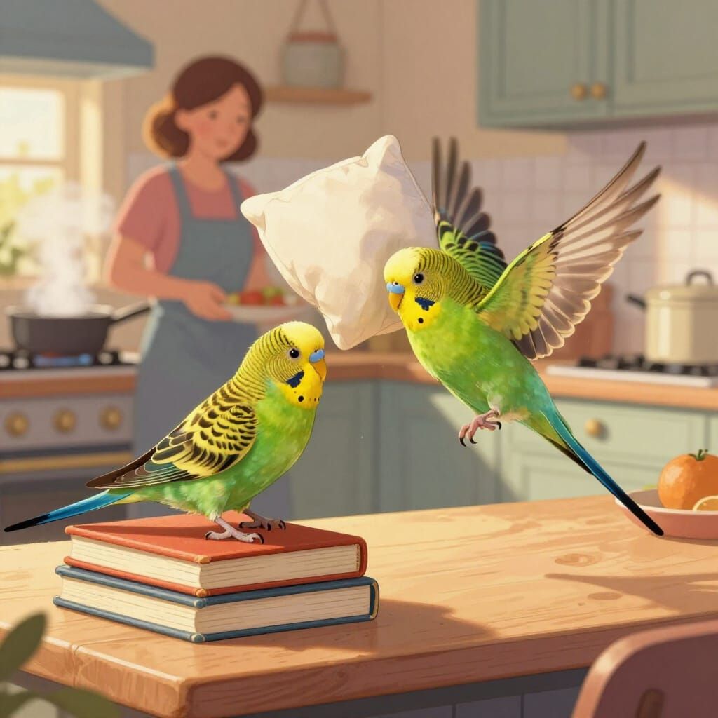 Budgies Pillow Fight on Kitchen Counter in Storybook Style