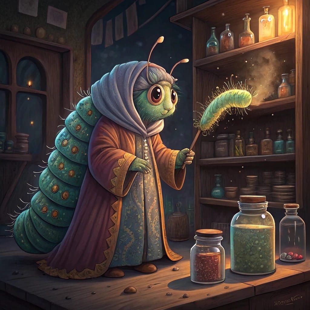 Caterpillar Alchemist in Mystical Apothecary, Faerie Art