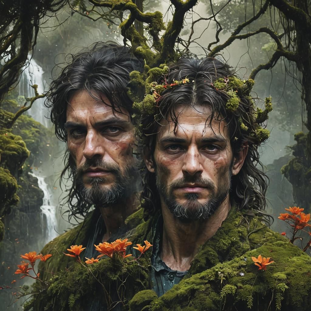 Druid Man in Jungle Forest Ink Painting