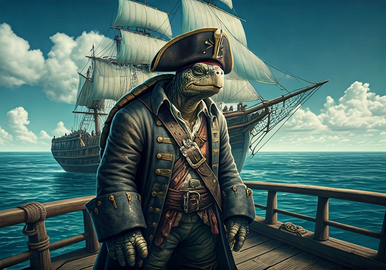 Sea Turtle Pirate Captain on Deck, Detailed and Realistic