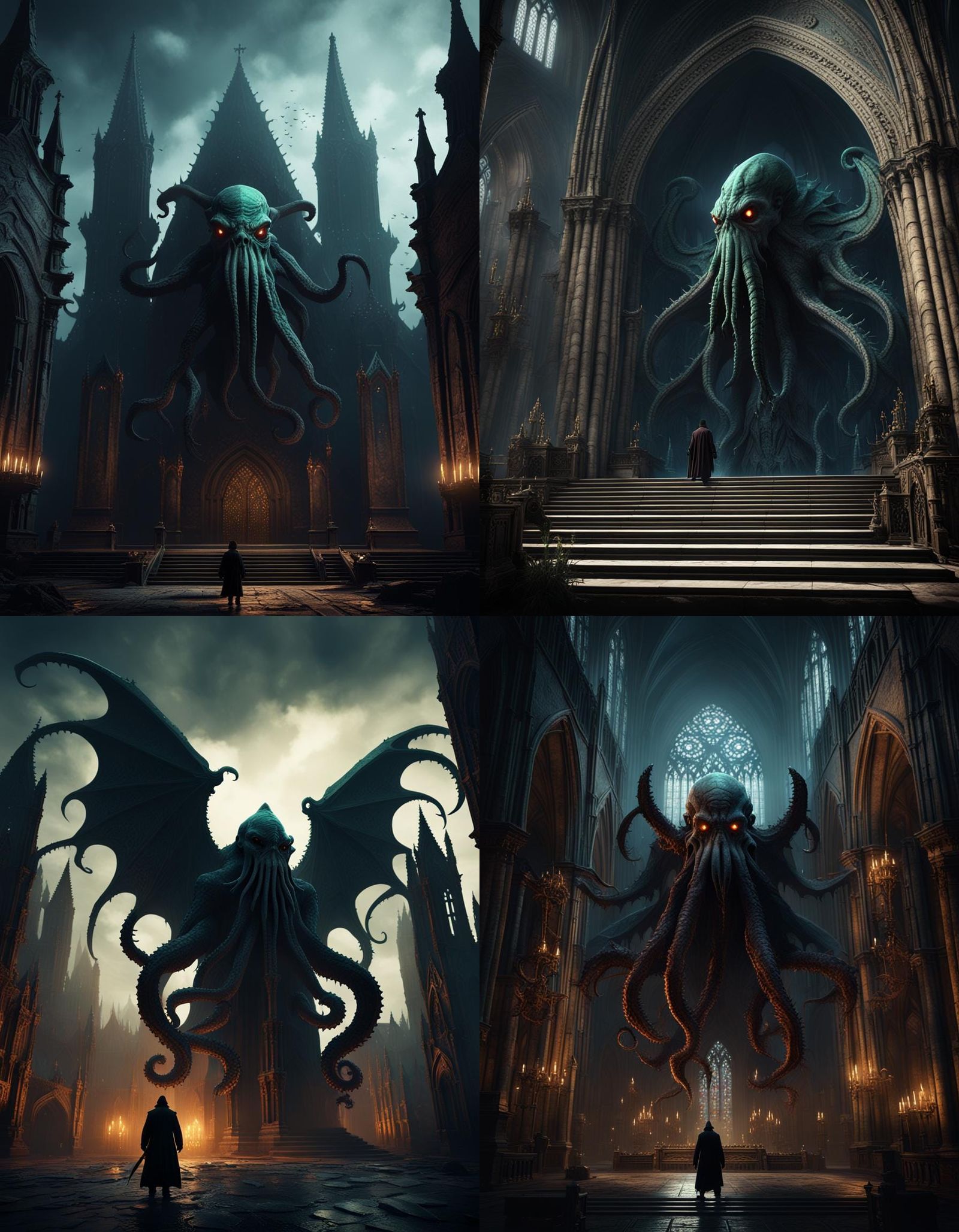Menacing Cthulhu Silhouette in Detailed Cathedral