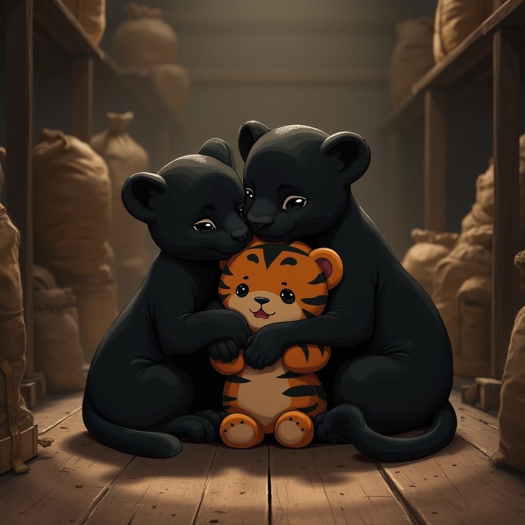 Playful Panther and Cub in Anime Style