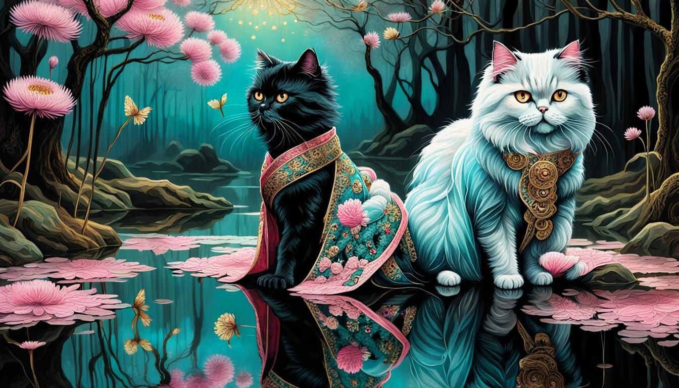 Persian Cat as Geisha with Mirrored Reflection
