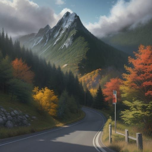 Elegant Oil Painting of a Car on a Winding Mountain Road