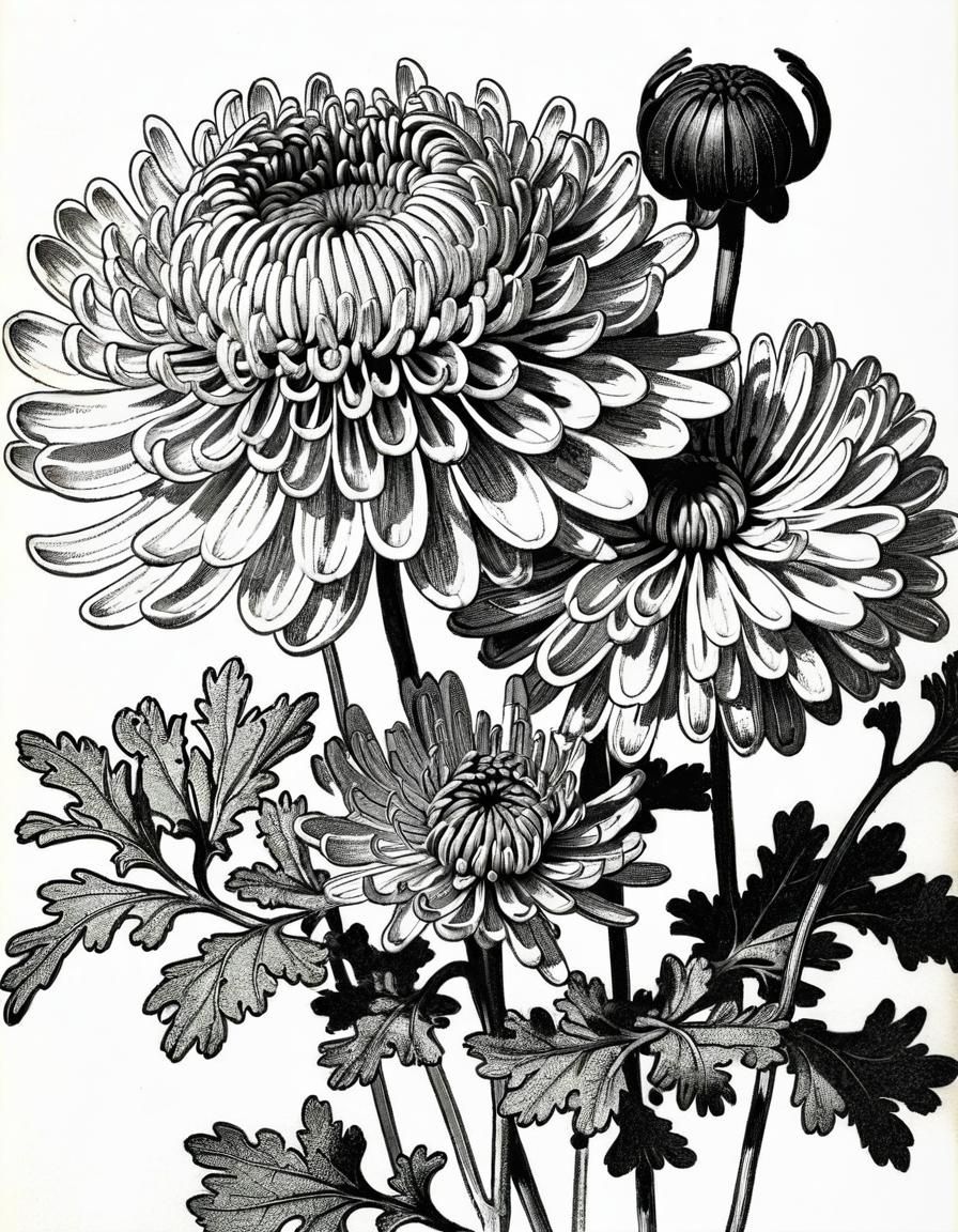 Chrysanthemum Botanical Ink Drawing in Vintage Style