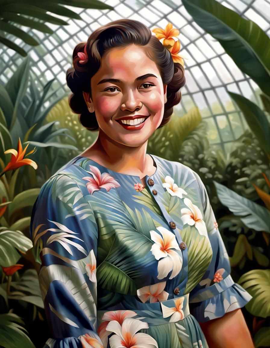 Hawaiian Woman in Tropical Garden, Oil-Gouche Painting