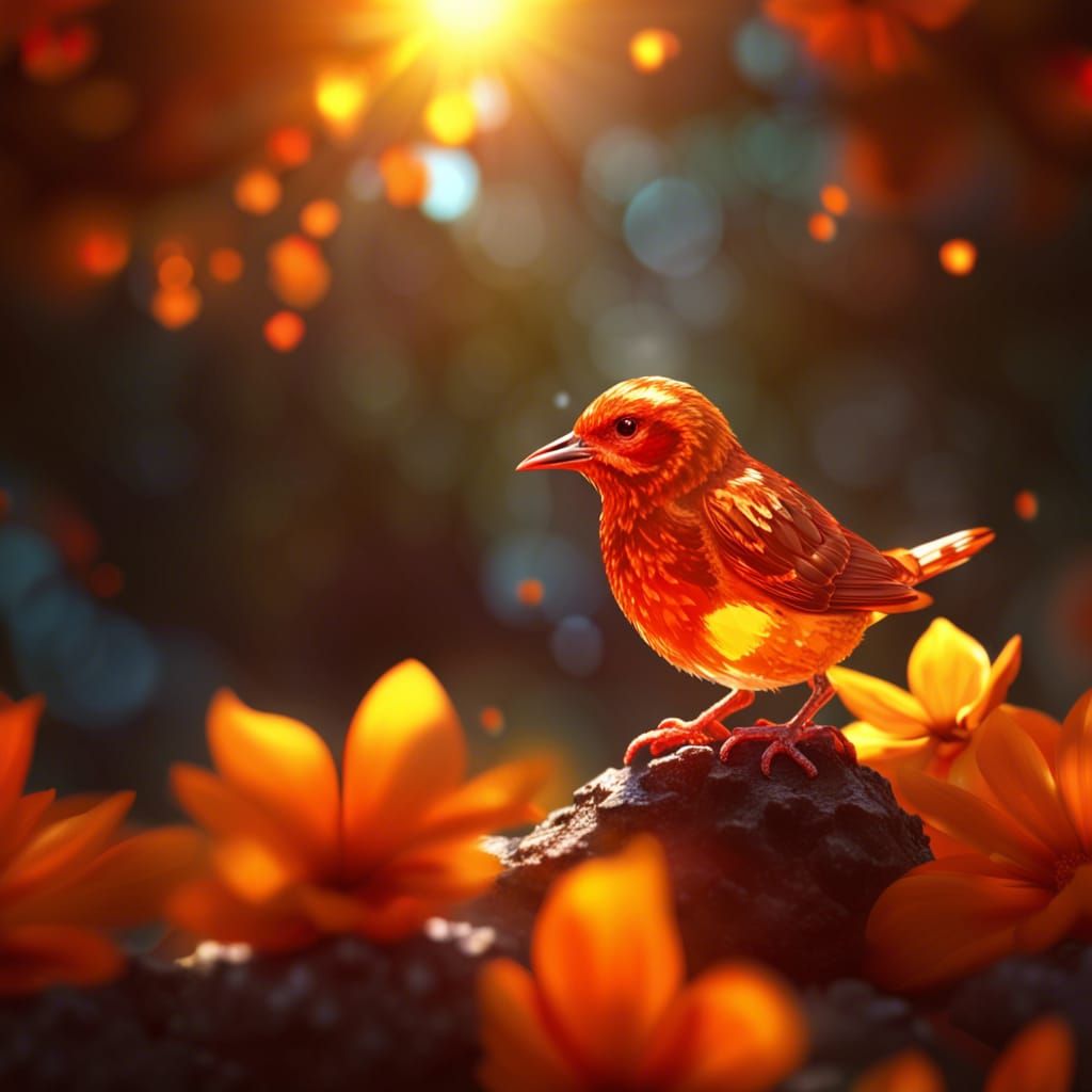 Orange crystal little bird, detailed body. Red and yellow jamaica flower background. Blur background. Sunlight reflect e...