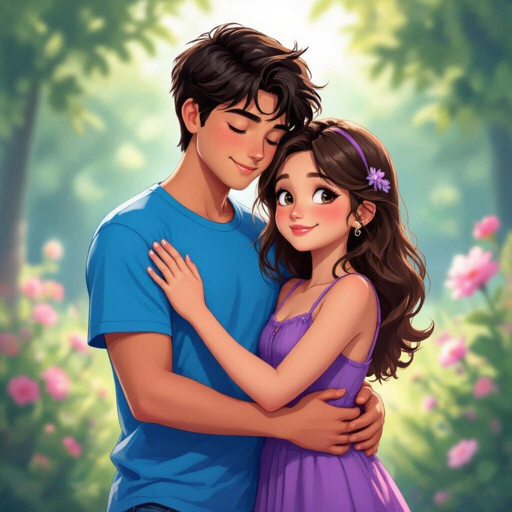 Teen Couple Embrace in Anime Style