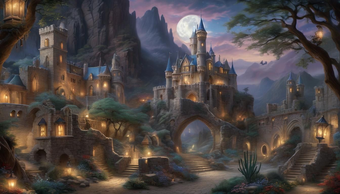 Desert Castle with Ghosts in Kinkade Style