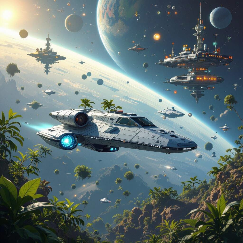Futuristic Spaceship Explores Lush Alien Planets