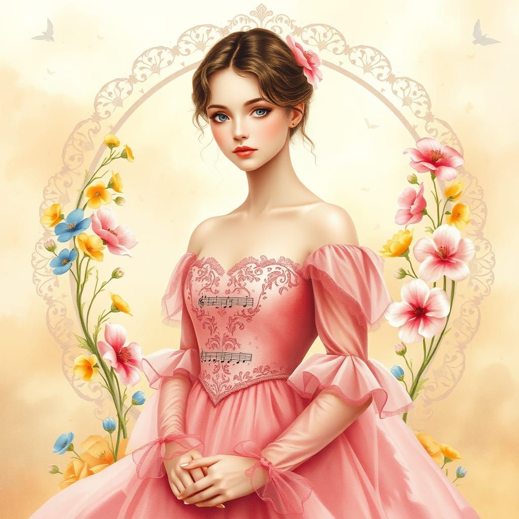 Whimsical Watercolor Portrait in Rose-Colored Gown