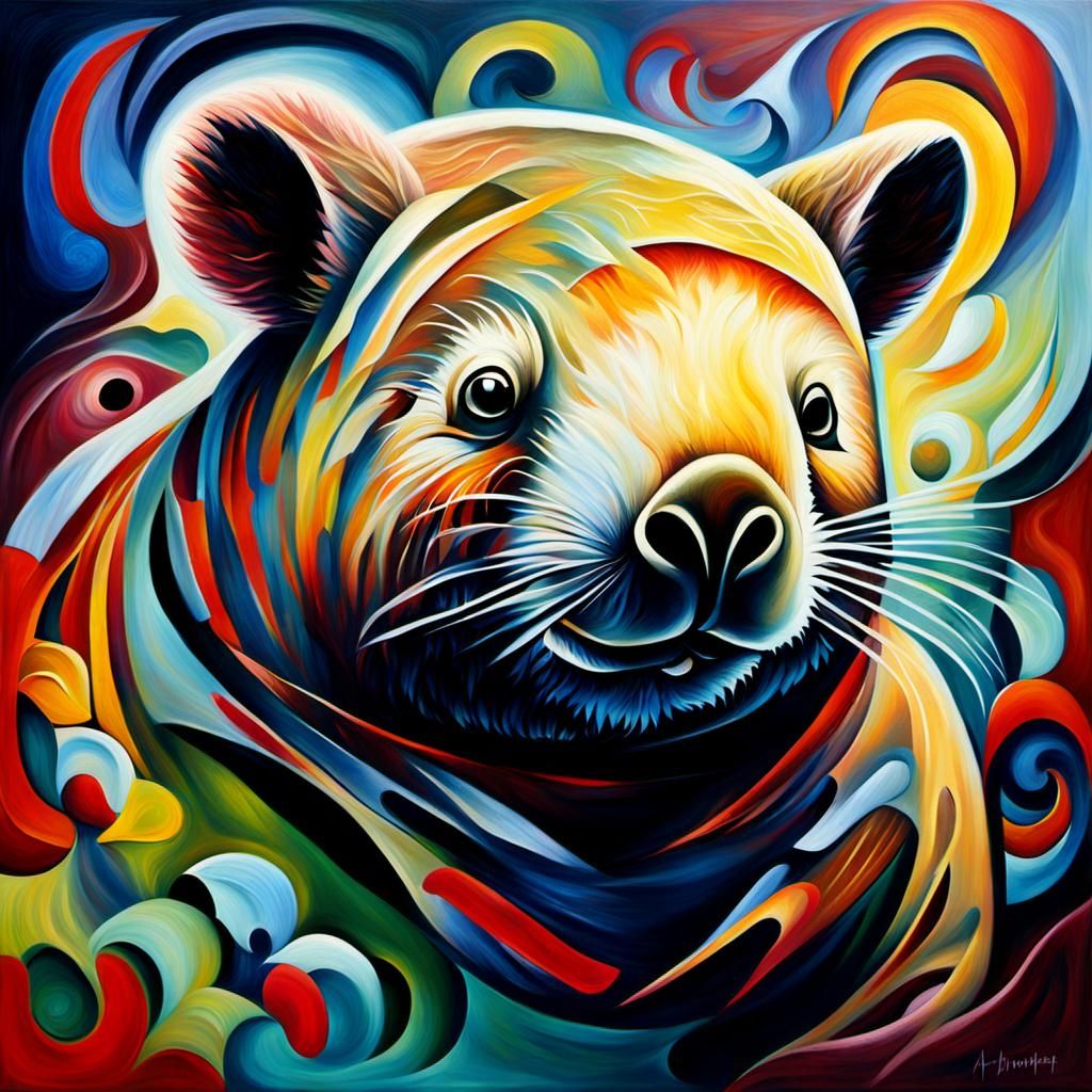 Surreal Wombat Dissolving into Words, Cubist Oil Painting