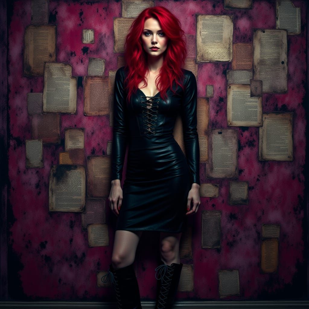 Gothic Mansion Woman in Leather Dress with Neon Glow