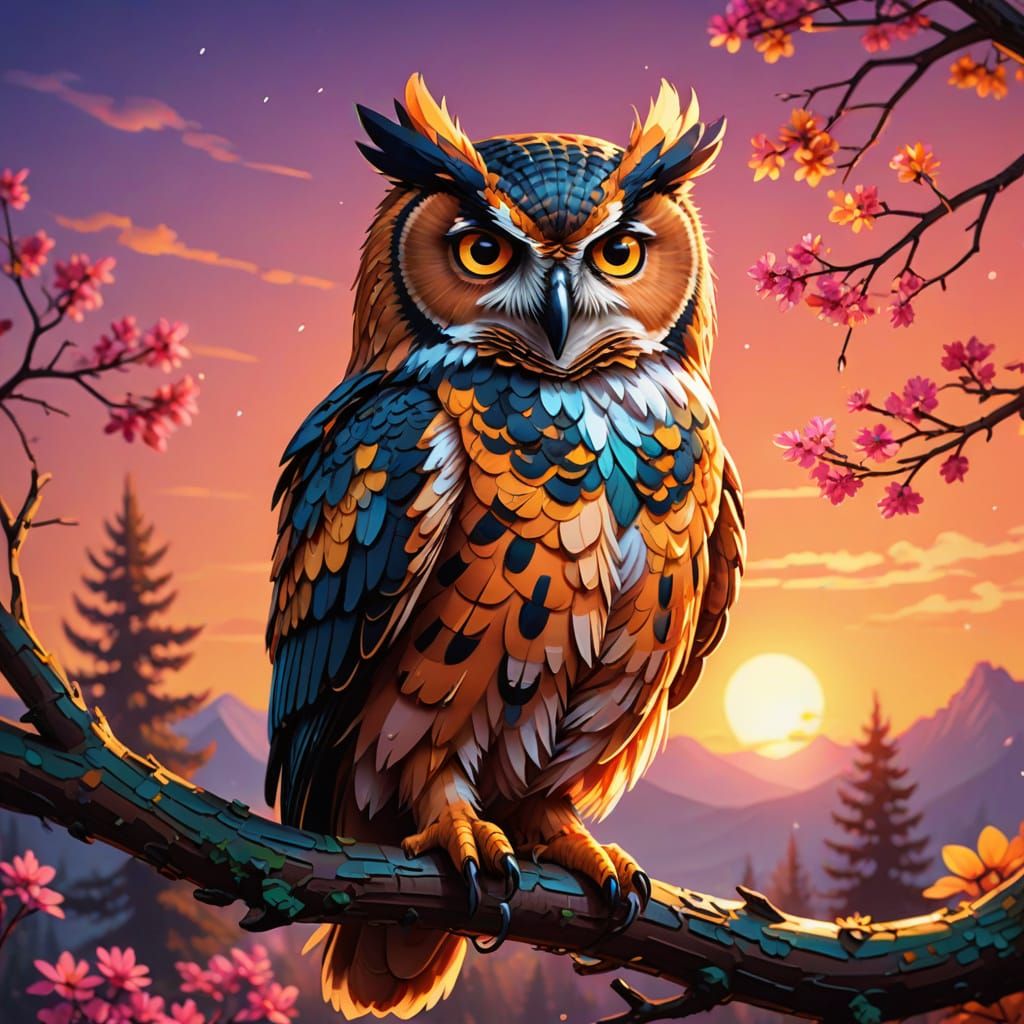 Vibrant Pixel Art Portrait of a Colorful Owl in Sunset Hues