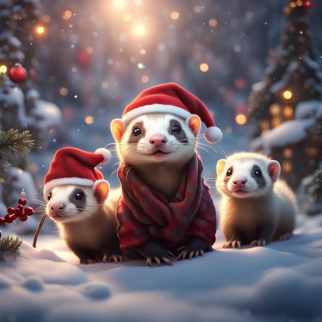 Cute Ferrets Christmas: Detailed Matte Painting