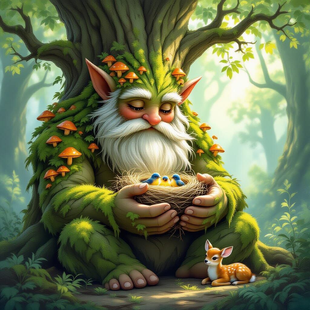 Gentle Forest Giant Cradles Birds in Whimsical Fantasy Art