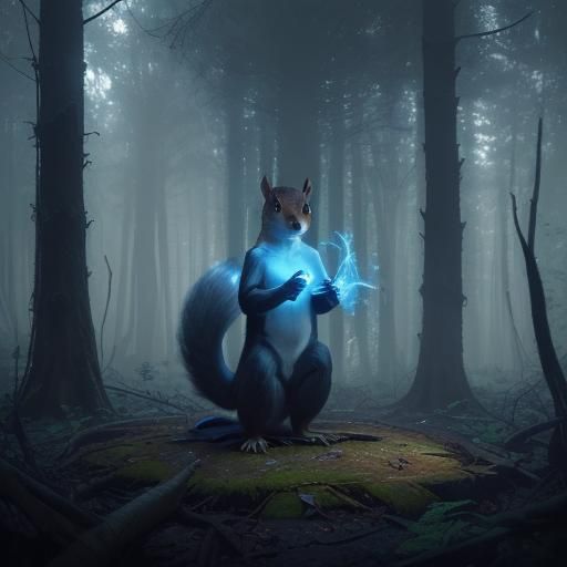 Sinister Forest Scene with Glowing Blue Squirrel