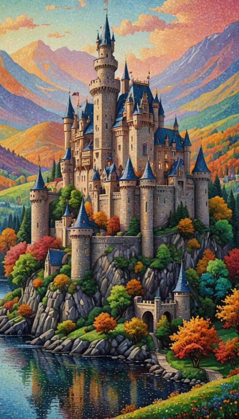 Pointillist Castle with Vibrant Colors